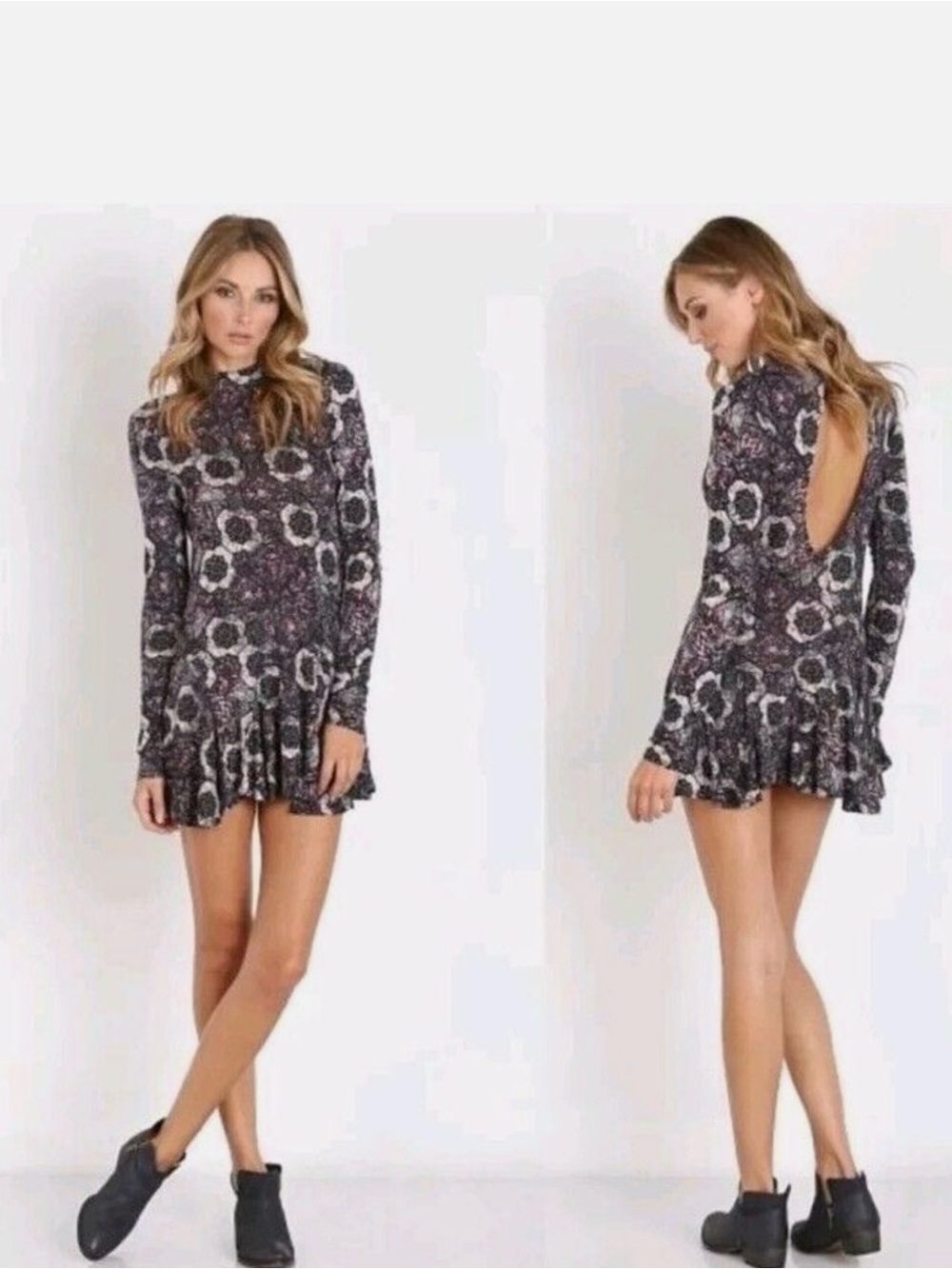 Free People Navy Floral Long Sleeve Swing Dress
